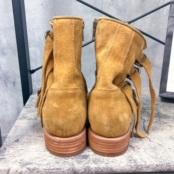 FRYE | Veronica Buckle Strap Suede Short Ankle Biker Moto Boots in ‘Brandy’ - Picture 11 of 13